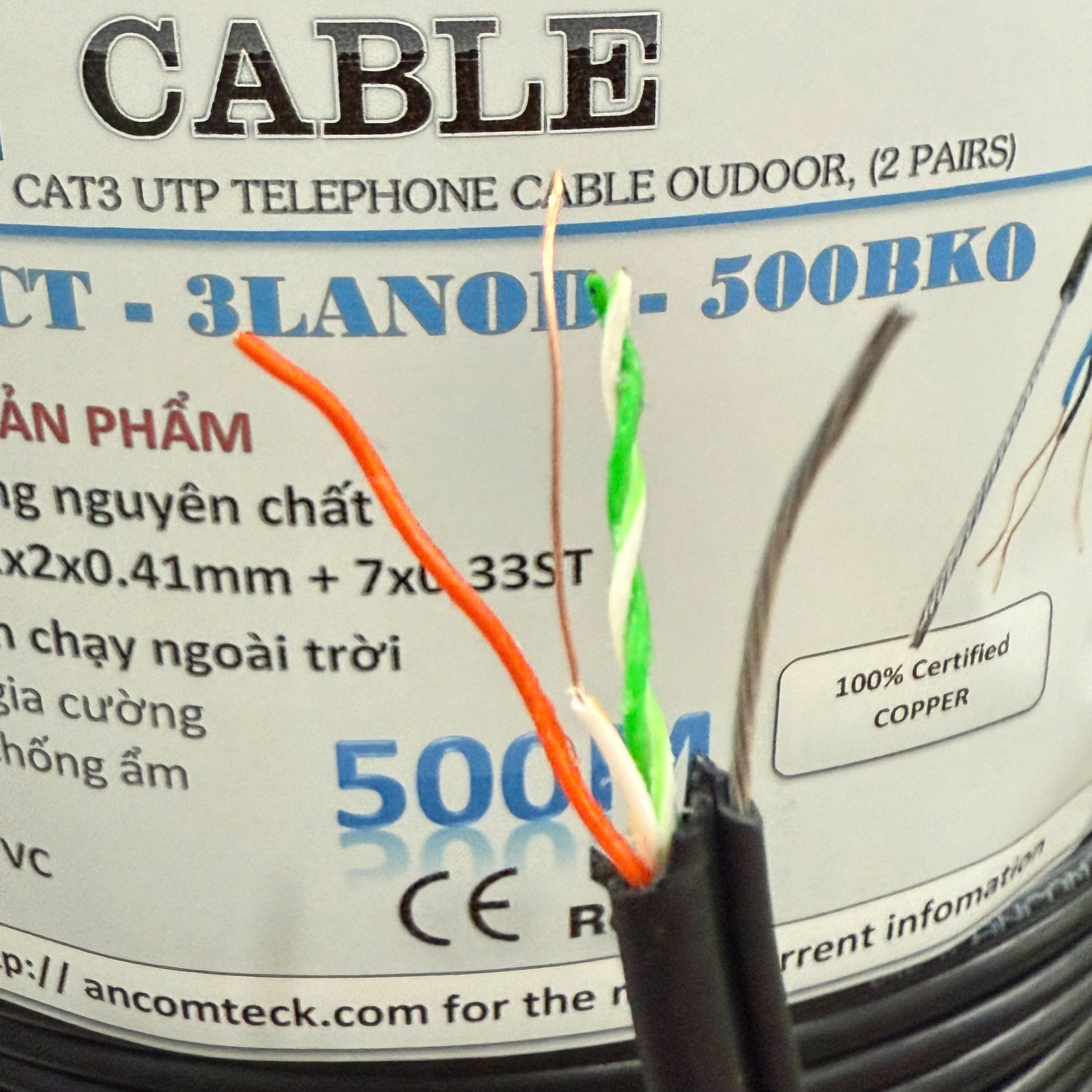 Dây cáp tín hiệu CAT3 UTP đồng dầu chạy ngoài trời, có dây gia cường ACT-3LANOD-500BKO (cuộn 500m)